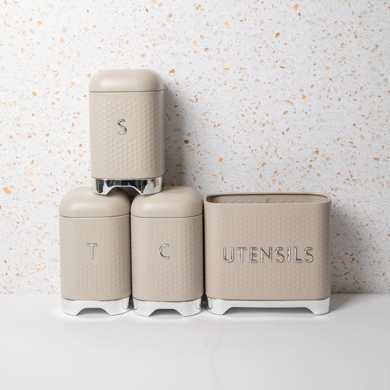 KitchenCraft Lovello 4 Piece Kitchen Storage Set with Tea, Coffee & Sugar Storage Canisters and Utensil Caddy, Latte