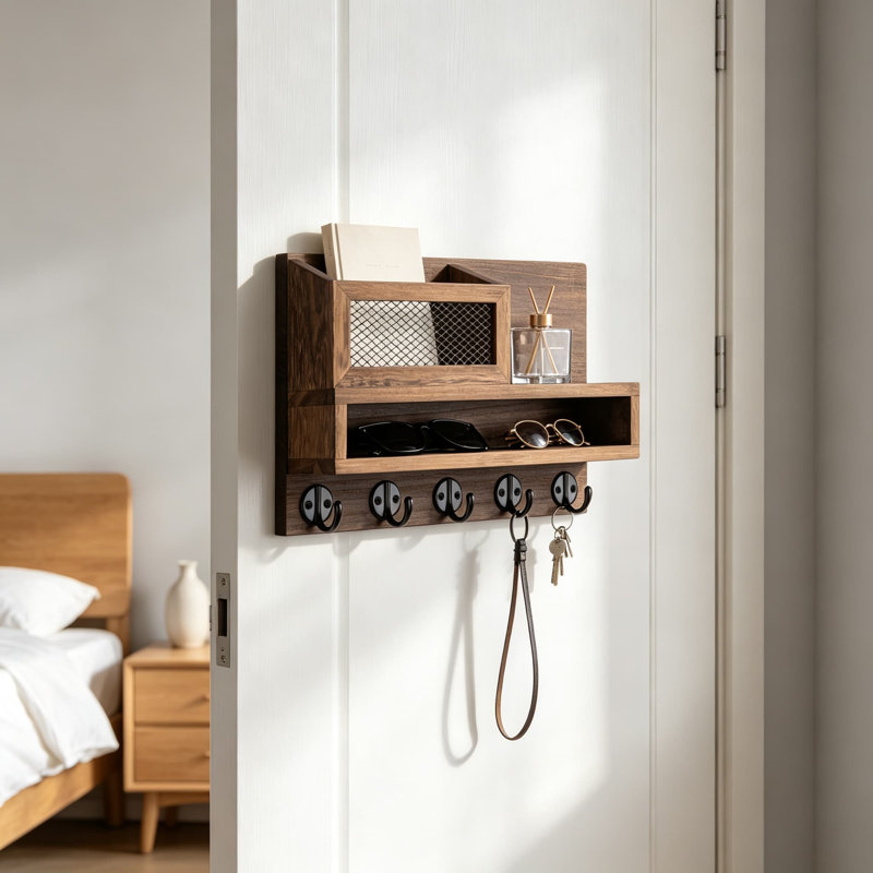Porte-clés mural et organisateur de courrier avec compartiment de rangement et 5 crochets robustes pour manteaux, laisses et articles essentiels quotidiens, conception en maille élégante pour l'entrée, le bureau à domicile ou le vestibule