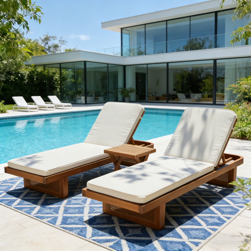 Ensemble de chaises longues d'extérieur en bois d'acacia avec table d'appoint inclinable et réglable