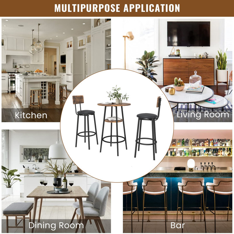 3-Piece Bar Table Set for 2, 2-Tier Round Bistro Dining Table & PU Stools, Counter Height Table, Black/Rustic Brown