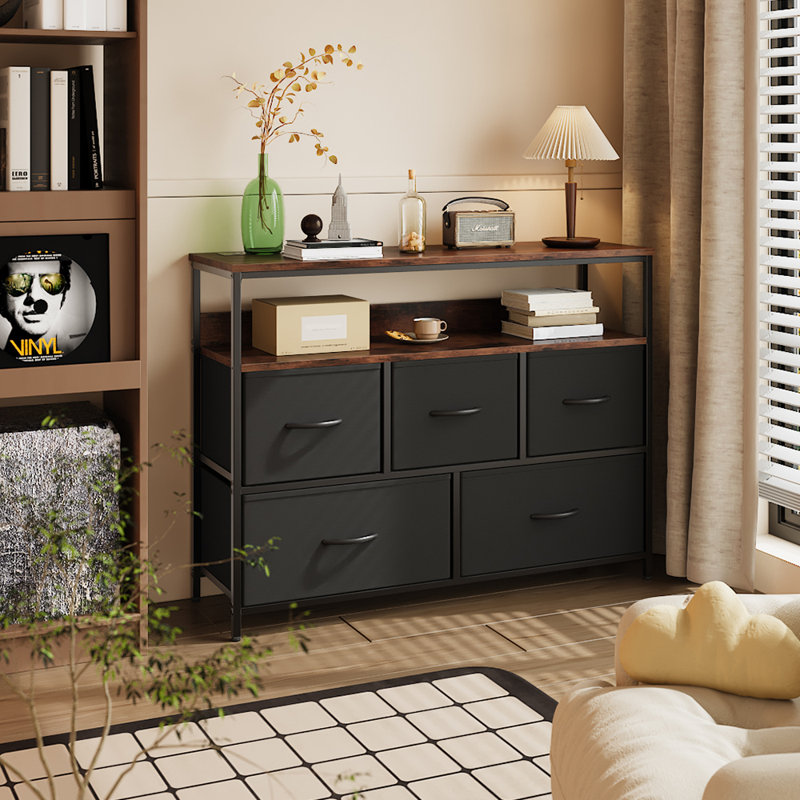 Multi-Function Steel-Wood 5-Drawer Storage Cabinet with Fabric Drawers, and Power Outlets, Brown/Black