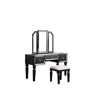 Coiffeuse de style traditionnel noir avec tabouret, 3 tiroirs et trois miroirs, coiffeuse de rangement durable