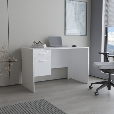 Mellier Modern Office Desk With Two Drawers And Side Storage, Compact Computer Workstation For Home Or Study