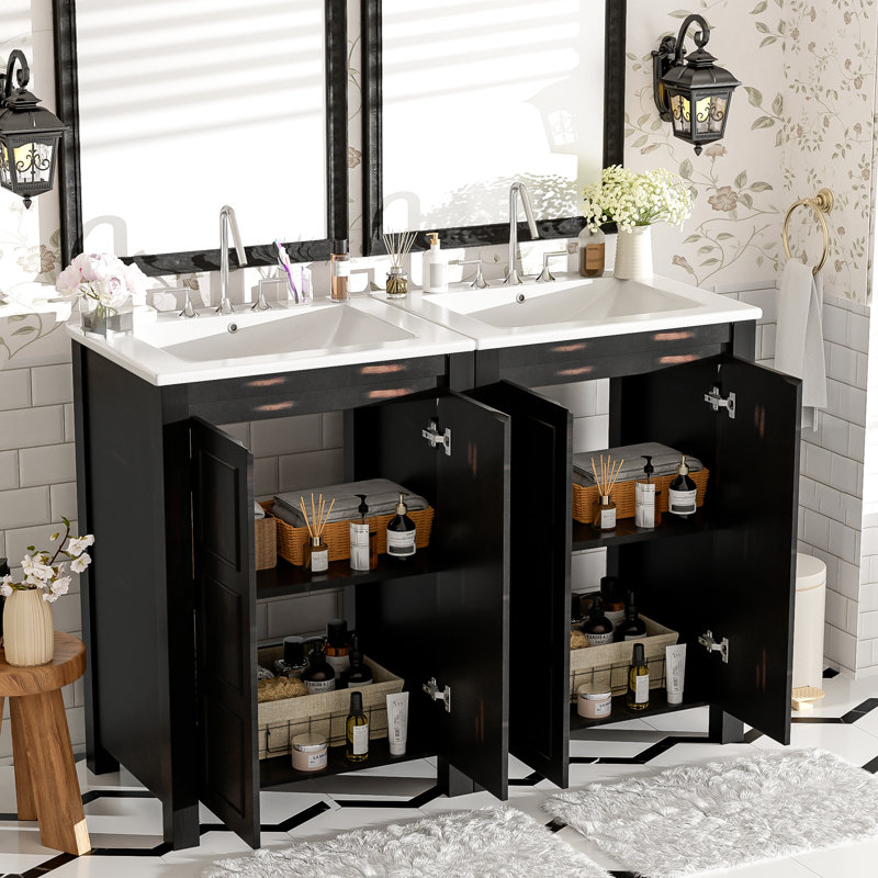 Ensemble de meuble-lavabo 48 po avec lavabos doubles (séparés), lavabos doubles en céramique, tablette de rangement et portes à fermeture en douceur 48 po