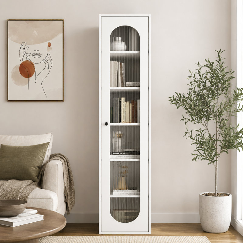 Étagère étroite de 170 cm (66,9 pouces) avec façade en verre et finition mélamine blanche