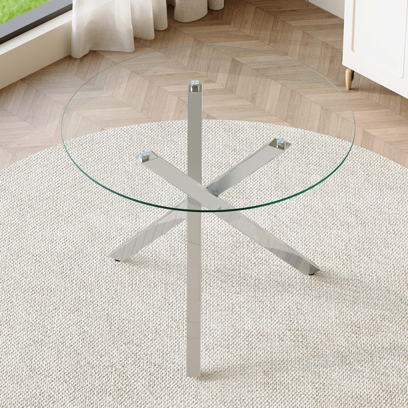 Table de salle à manger ronde en verre compacte avec structure en métal en forme de X, Transparent / argent