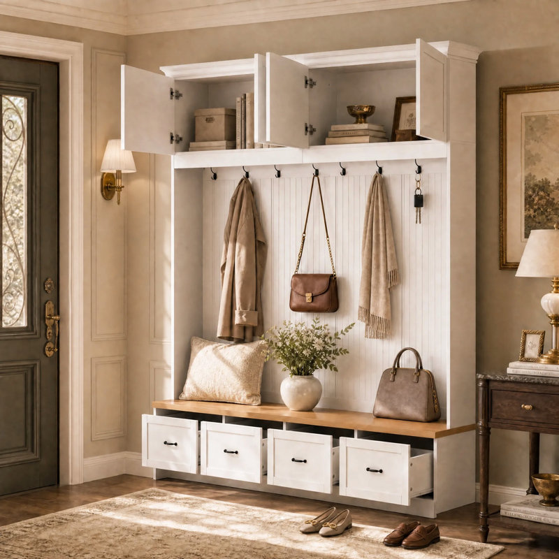 98.8" W Extra-Large Hall Tree with Bench, 4 Drawers, 2 Upper Cabinets and 7 Hooks