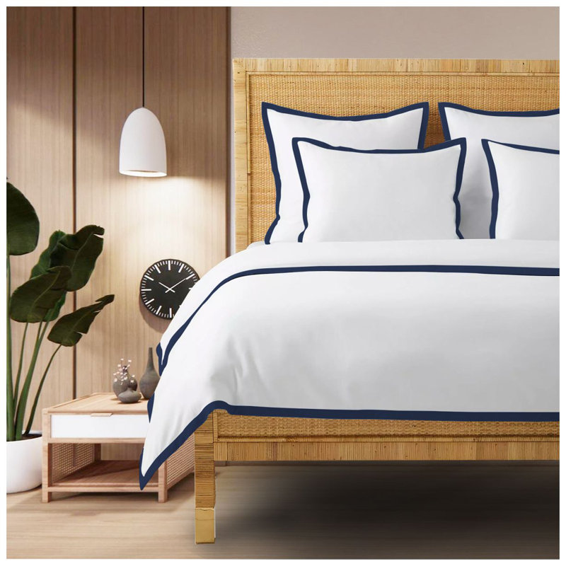 400TC Cotton Sateen Edge Border Frame Duvet Cover Set, California King Duvet Cover + 2 King Shams, White/Navy Blue