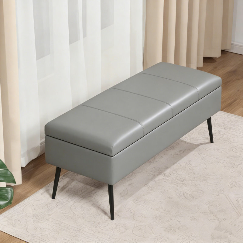 42" Faux Leather Storage Ottoman Bench With Metal Legs, Gray