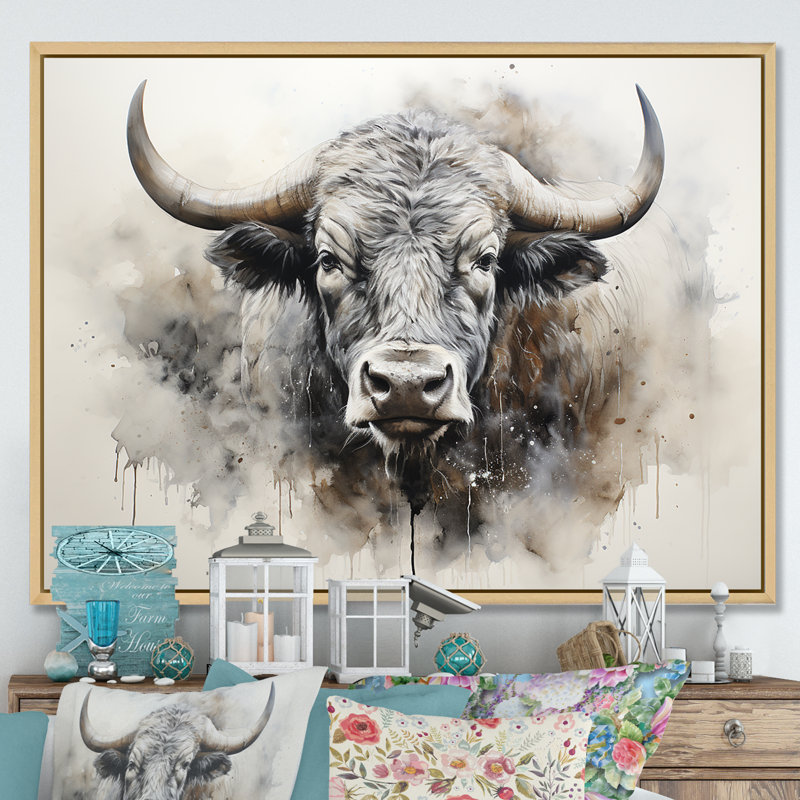 Tête de bison minimaliste sur toile, Cadre naturel flottant, H 12 po x l 20 po x P 1 po