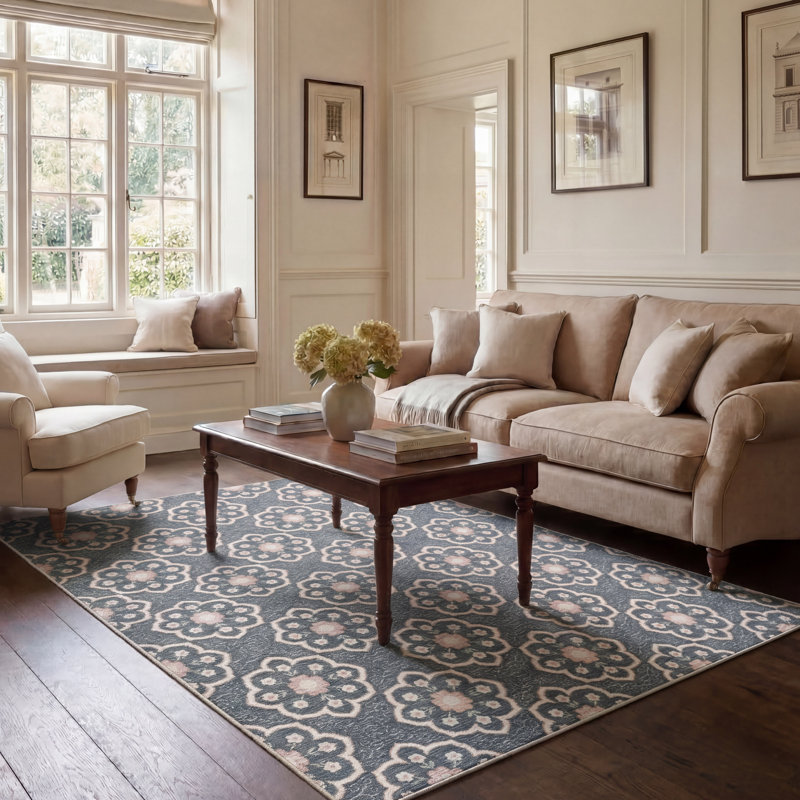 Laura Ashley Doreen Indoor Outdoor Area Rug, Navy/Beige, 9' x 12'