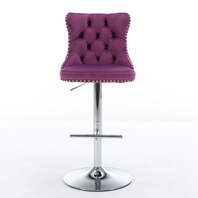 Swivel Velvet Barstools with Adjusatble Seat Height, Purple, Silver