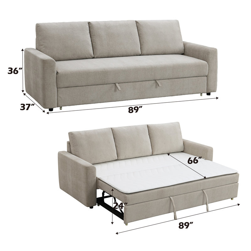 Androniki Transitional 89''L Upholstered Square Arms Sofa with Sleeper, Beige Fabric
