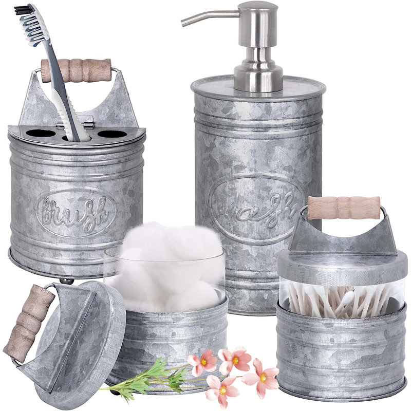 4 Piece Galvanized Metal, Glass, and Wood Farmhouse Bathroom Accessory Set, Gray