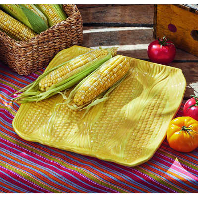 Chadwick Corn on Cobb Textured Ceramic Yellow Platter Dishwasher Safe, 12.5L x12.5W x 1.1H
