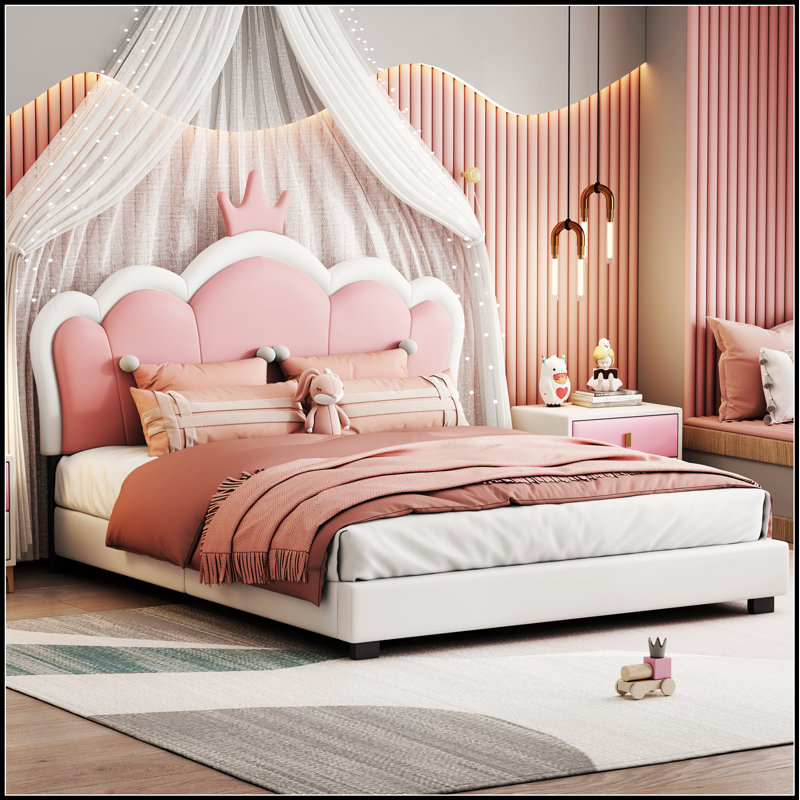 Lit princesse rembourré avec tête de lit couronne, lit plateforme élégant pour un sommeil luxueux et confortable, Lit double
