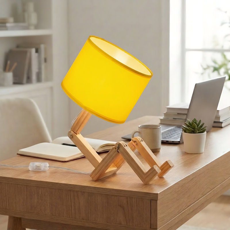 Lampe de table ajustable en forme d'homme avec abat-jour en tissu et support pour livres - veilleuse, Jaune