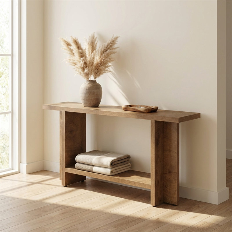 Double-Layer Storage Sofa Table – Rustic Farmhouse Style With Triangular Legs, 300Lbs Capacity, Mdf Construction For Entryway/Hallway