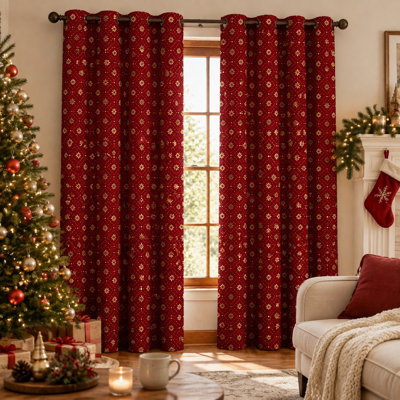 2 pièces de rideaux bloquant le soleil à motif floral rouge, œillets à motif festif, bloquant la lumière décorative pour la décoration des fêtes du salon