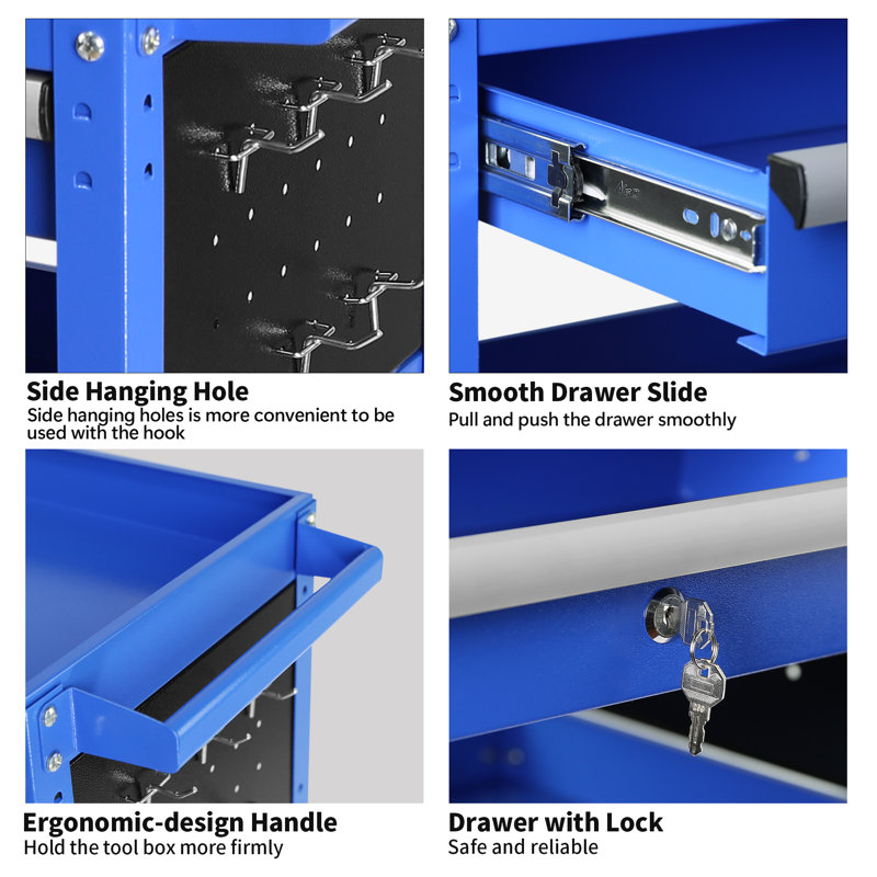 3 Tier Rolling Tool Cart, Heavy Duty Utility Cart Tool Organizer with Storage Drawer, Blue