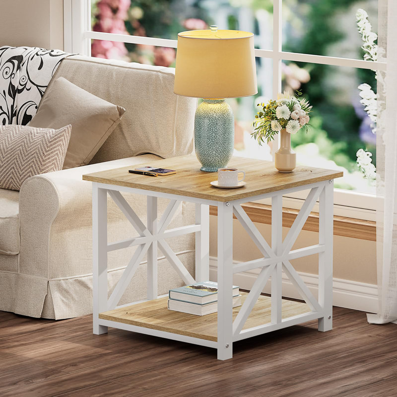 2-Tier Side Table with Storage, Oak, White