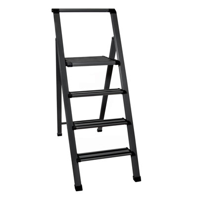 Sorfey Premium 4 Step Gray Modern Aluminum Ladder. Lightweight,-Ultra Slim Profile, Anti Slip Steps, Saftey Lock, Sturdy-Portable For Home, Office, Ki