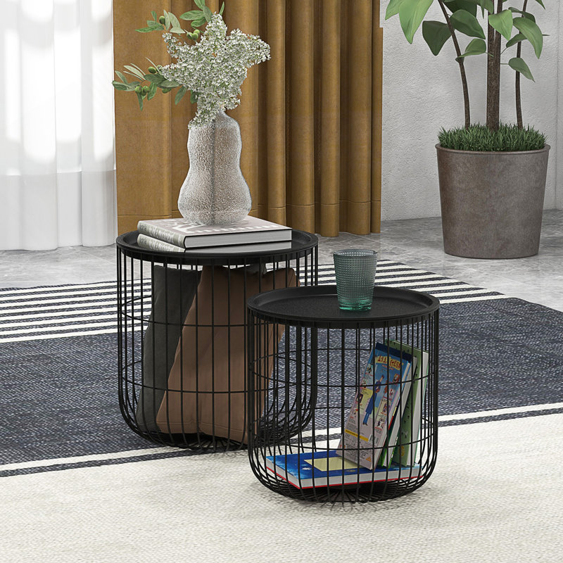 Tables basses gigognes, ensemble rond de 2 avec panier en acier et plateau amovible pour le rangement du salon