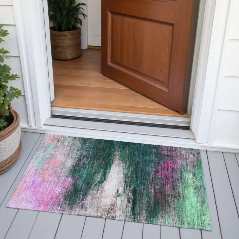 Machine Washable Indoor/Outdoor Xhevrie Green Rug, Rectangle 1'8" x 2'6"