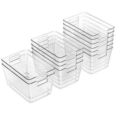 12 grands bacs de rangement en plastique transparent 11 x 7,5 pouces Organisateur rectangulaire en acrylique avec poignée pour garde-manger, placard, buanderie, cuisine, salle de bain, réfrigérateur