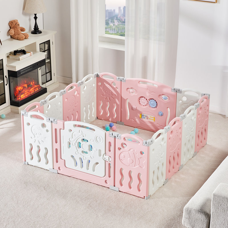 Centre d'activités pour enfants avec parc de jeu et barrière de sécurité Brile Albott, H 25 po x l 57 po x P 57 po, Rose