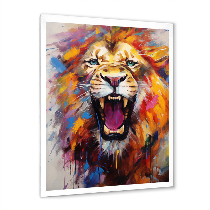Abstrait lion rugissant - Lion, art mural, H 32 po x l 24 po x P 1 po, Cadre simple blanc