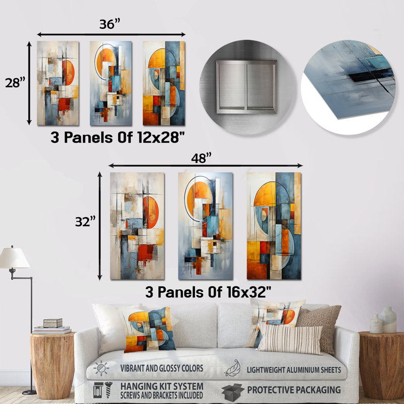 Ensemble de salon art mural orange et bleu Cubism, H 28 po x l 36 po