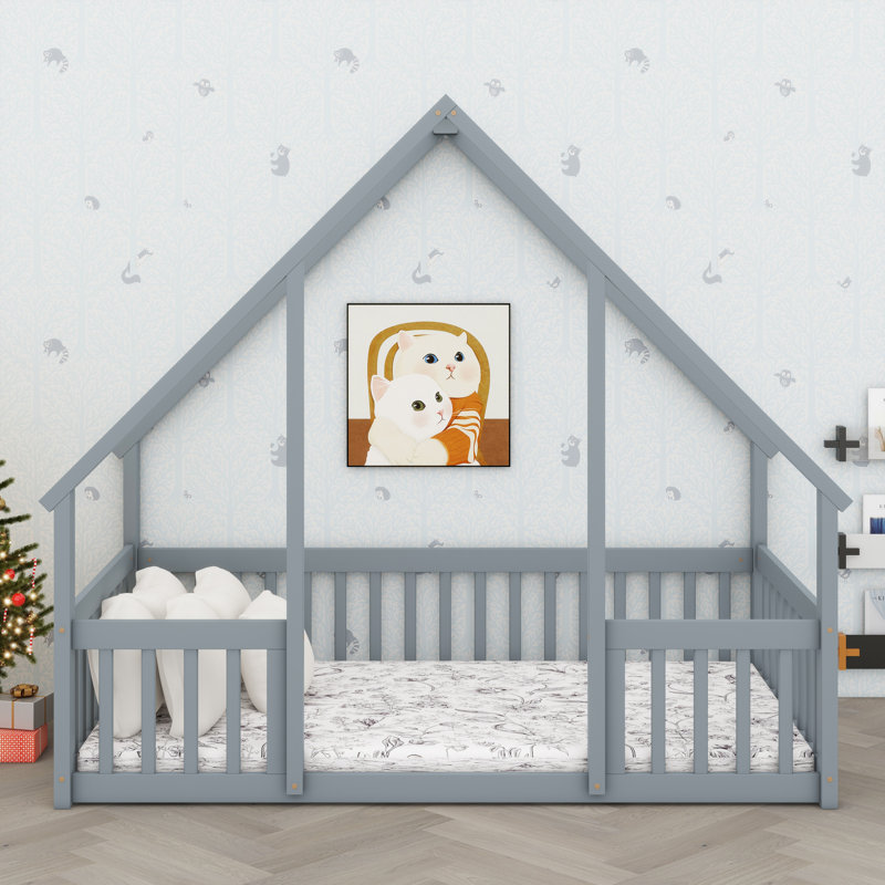 Dreamy Kids’ House Bed Ground-Level Design With Sturdy Wooden Guardrails, Gray