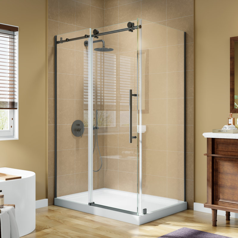 48" W x 31.6" D x 72" H Semi-Frameless Single Sliding Corner Shower Enclosure with Tempered Glass, Matte Black