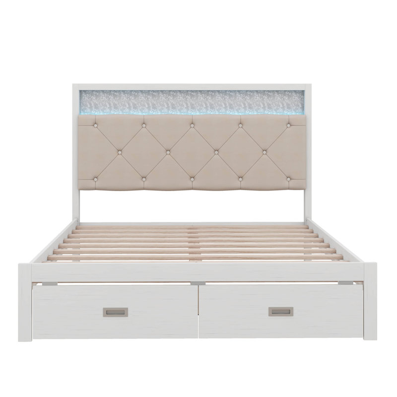 Lit plateforme en bois avec tête de lit tapissier et 2 tiroirs Stoltz, Grand, Blanc / Beige