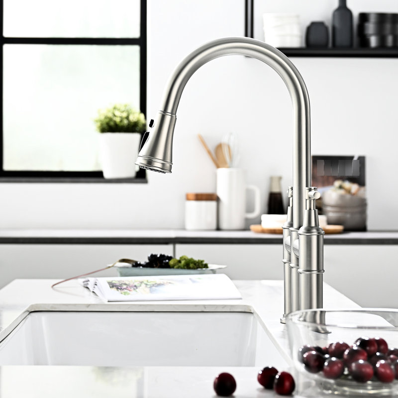 3 Hole Bridge Kitchen Faucet With Pull-Down, Brushed Nickel, 2 Handles, Stylish Design Nickel Sink Faucet, Pull-Down , Holes Efficient