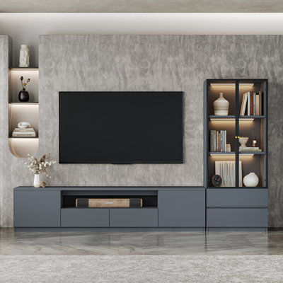 Meuble télé Crafton Modern de 102 po avec bibliothèque et bibliothèque pour téléviseur 55/58/65/70/75 po, console média en bois avec meuble télé avec rangement et tablettes en verre