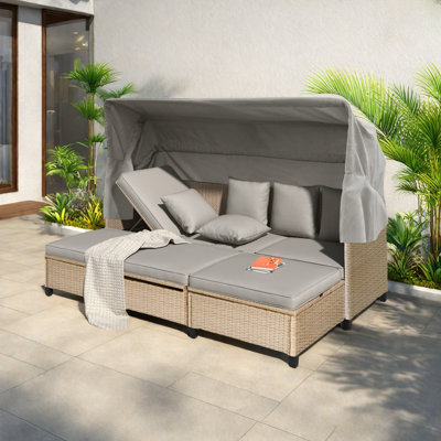 4 Pieces Uv-proof Resin Wicker Patio Sofa Set Included A 4-seat Sofa, 2 Ottomans, A Lifting Table, Retractable Canopy, Cushions And Adjustable Backrest