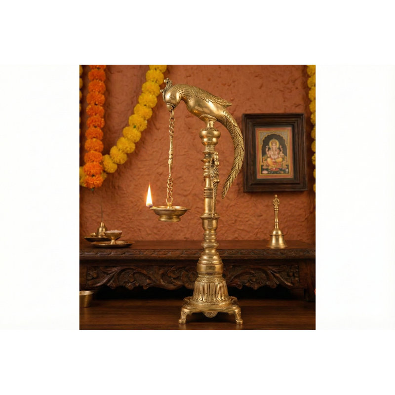 Lampe perroquet suspendue en laiton 17 po - Plafonnier indien fait à la main pour temple, salle de prière et décoration artistique pour la maison