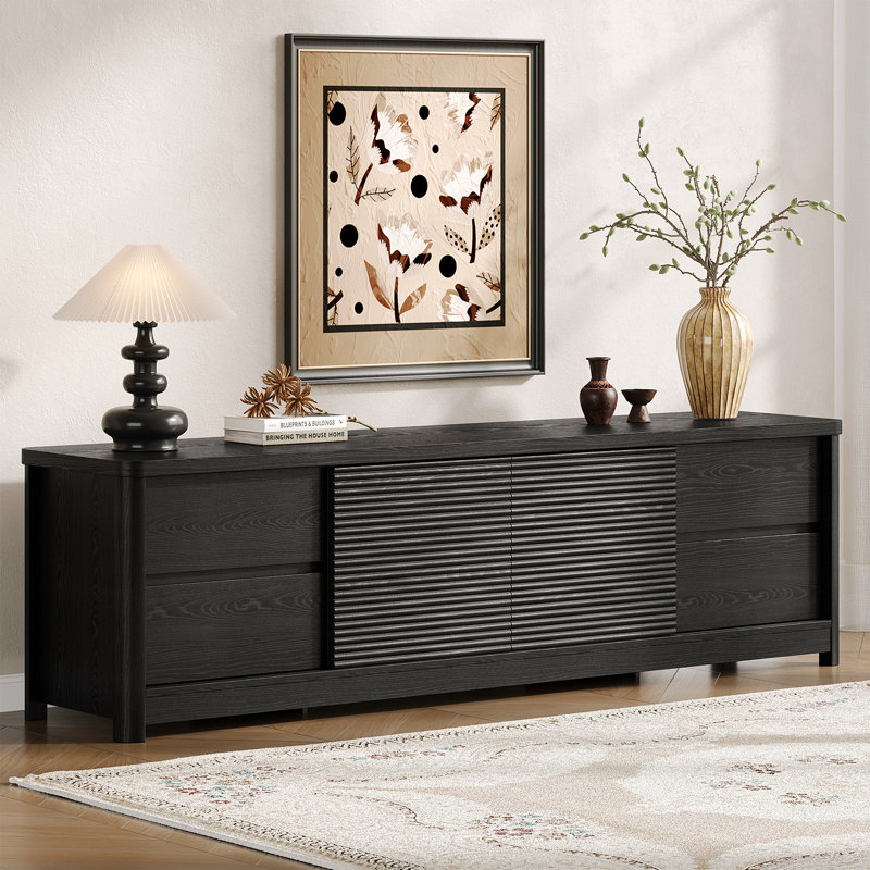 68'' TV Stand With 4 Drawers & Sliding Doors, Wave Design Wooden TV Cabinet  With Power Strip Compartment, Black