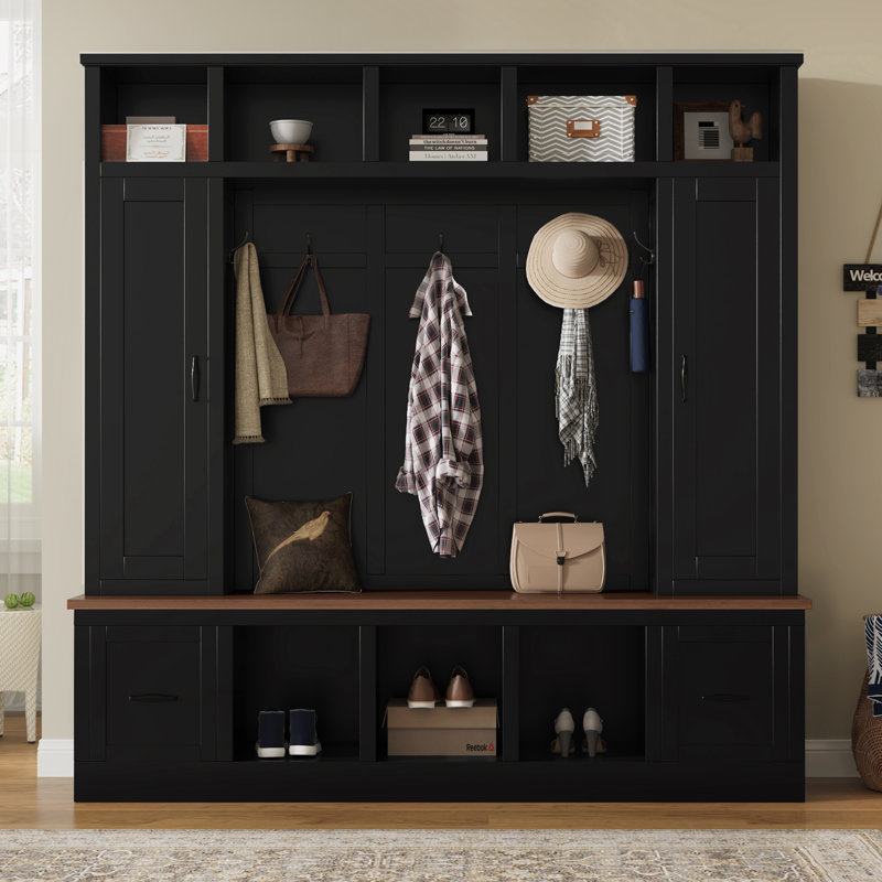 Hearthwood 72" Hall Tree with Bench and Shoe Storage, Coat Rack and 8 Open Cubbies, Black