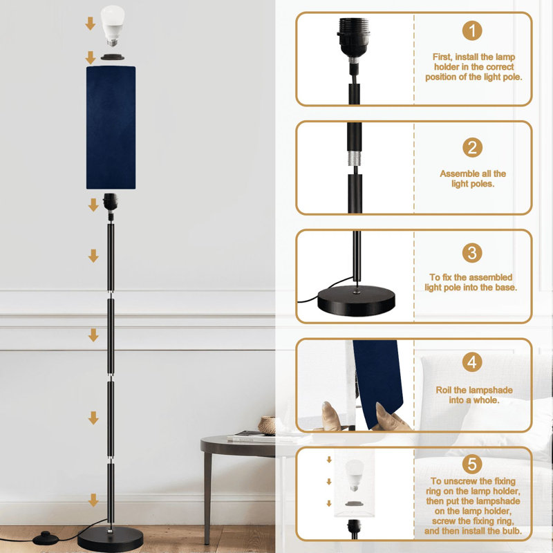 Lampe sur pied moderne bleu marine foncé abstrait à intensité variable avec télécommande et pédale abat-jour abat-jour haut mât pour salon chambre bureau