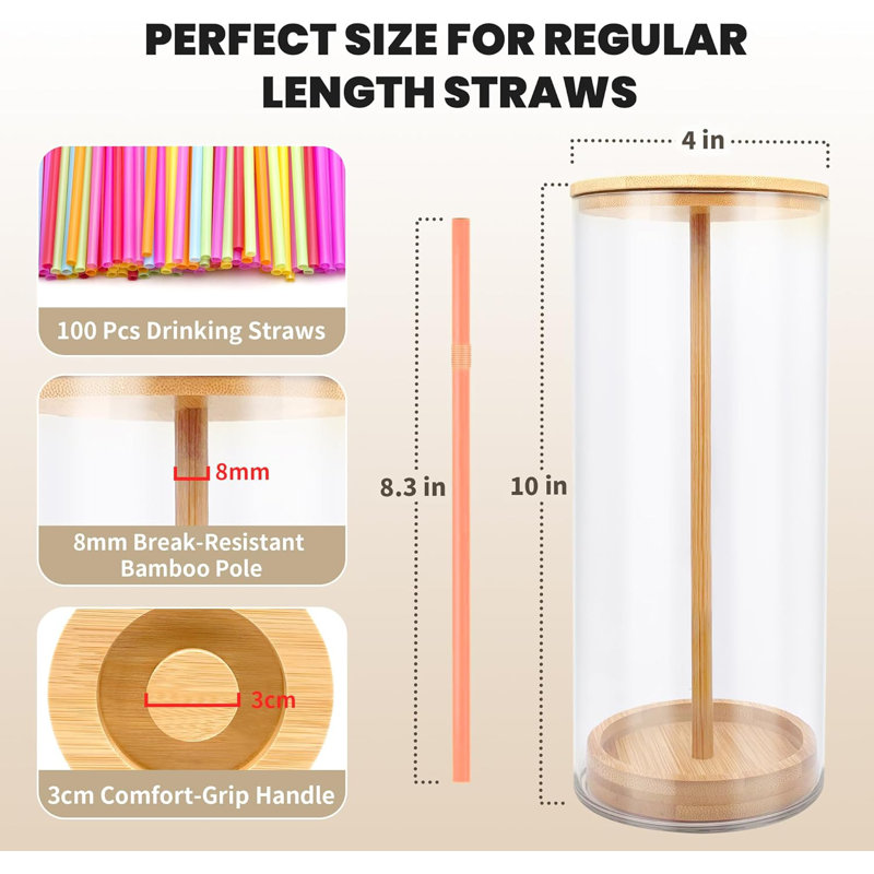 10-Inch Drinking Straw Dispenser,Acrylic Straw Organizer With Bamboo Lid