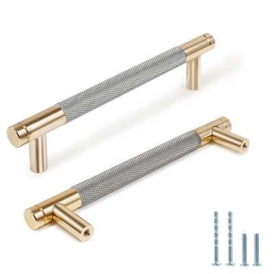 Knurled Cabinet Pulls 12 Pack, 6 Inch Long Cabinet Handles Metal Door Pulls, Kitchen Drawer Pull Knurled Dresser Handles - 5" Hole To Hole, Grey & Gold