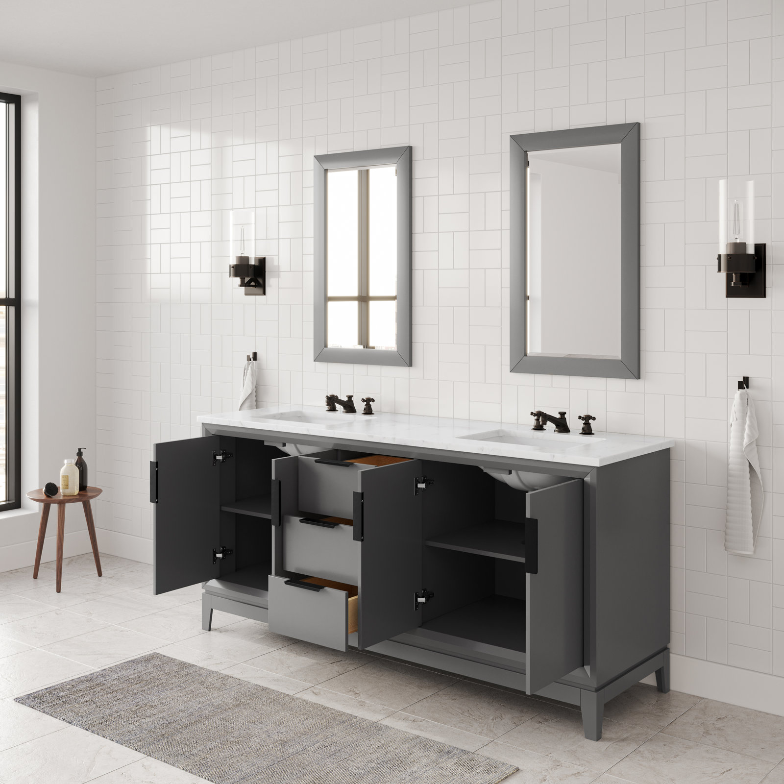 Elizabeth 72" Carrara White Marble Countertop Bath Vanity with Faucet, Standard, Cashmere Grey