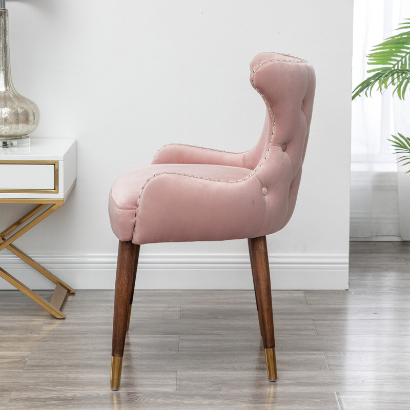 Chaise en velours rose avec revêtement en mousse, dossier et pieds en bois d'hévéa noir, Rose