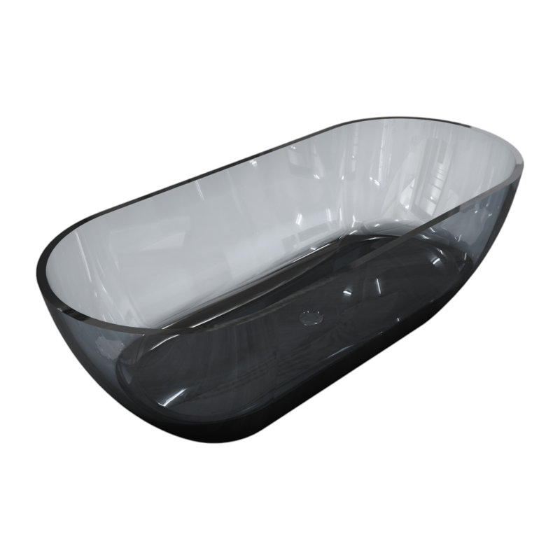 69" x 29.5" Solid Surface Stone Resin Freestanding Soaking Bathtub, Transparent Gray Blue