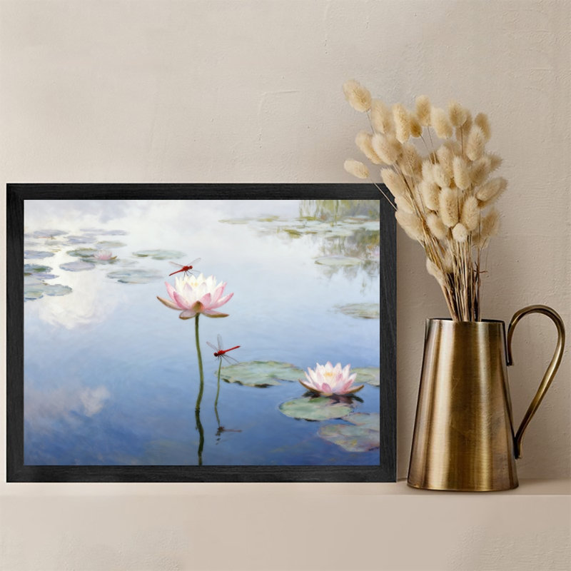 Reproduction d'art encadrée noire de fleurs de glycine rétro reflétée sur l'eau, H 37 po x l 25 po