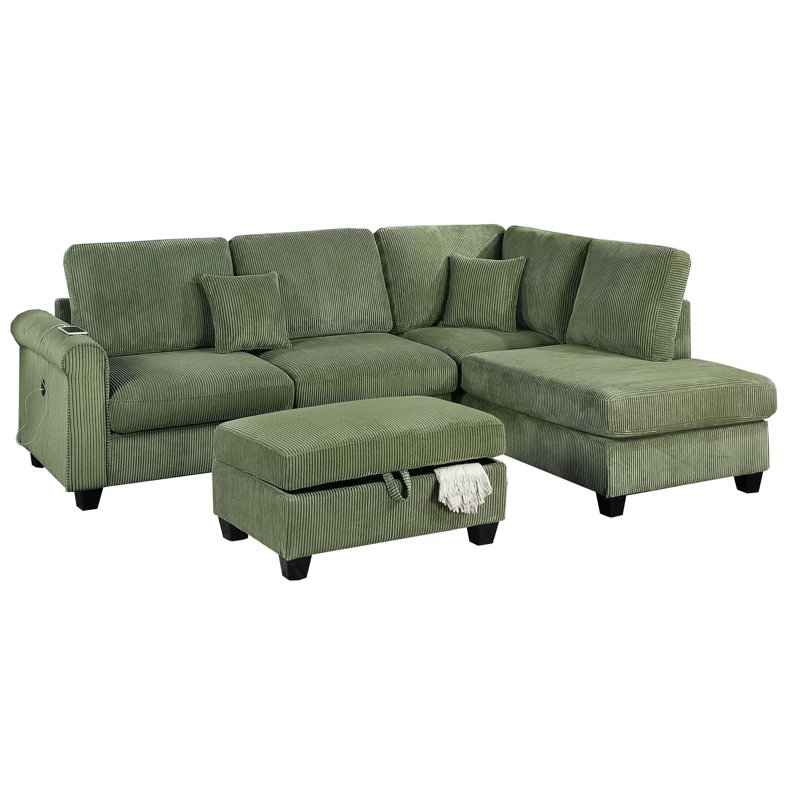 3-Piece Sectional Set, Green Corduroy