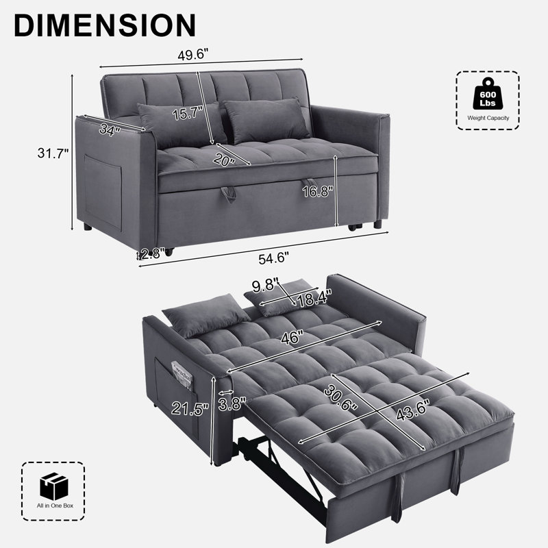 55-inch 3-in-1 convertible couch bed, modern-style two-seater pull-out sofa with adjustable backrest and side storage pockets, perfect for the living room, velvet upholstery, dark gray